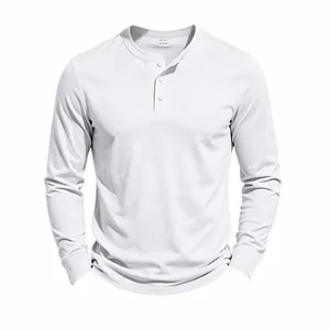 Detail of white long-sleeve Henley knit shirt for men with button placket