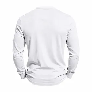 Detailed back view of a high-quality white long-sleeved cotton Henley shirt for men