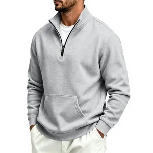 Men's casual grey half-zip fleece sweatshirt featuring stand collar and front pocket