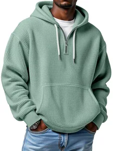 Men's sage green waffle knit quarter-zip hoodie with front kangaroo pocket for autumn