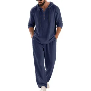 Men's navy blue linen Henley hoodie and matching pants set for casual autumn wear