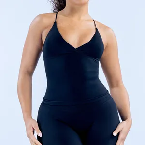 Macro view of high-quality black seamless yoga tank top featuring a supportive V-neck design