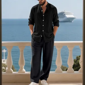 Conjunto clásico de dos piezas para hombre con camisa de lino negra y pantalones rectos sueltos