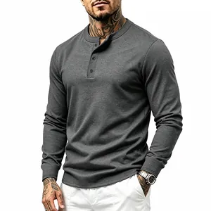 Detailed view of dark grey long-sleeved Henley shirt for men's casual wear