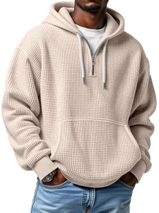 Men's oatmeal beige waffle knit hoodie with half-zip and kangaroo pocket design