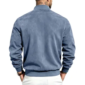 Vue arrière d'un blouson aviateur en daim bleu avec ourlet et col côtelés
