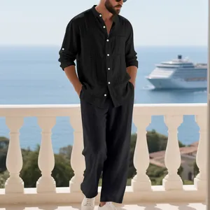 Conjunto casual de lino negro para hombre con camisa de manga larga y pantalón ancho