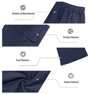 Details of men's navy blue linen cargo pants showing waistband and fabric