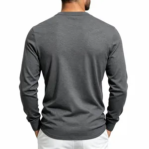 Back view of a charcoal long-sleeved men's casual shirt in a clean studio setting