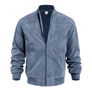 Detailed view of men's blue suede bomber jacket with front zipper and baseball collar