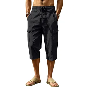 Detailed front view of men's black linen cargo cropped pants for summer beach wear