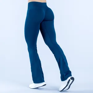 Close-up detail of seamless blue flare yoga pants featuring a butt-lifting design.