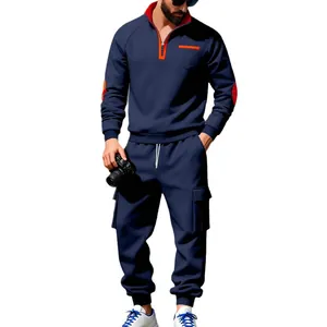 Herren Navy Trainingsanzug-Set mit halbem Reißverschluss und Cargo-Jogginghose in Blau