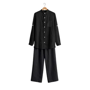 Conjunto de lino negro de dos piezas para hombre con camisa de cuello mao y pantalón ancho