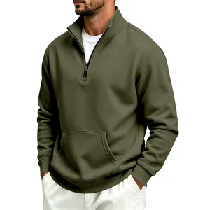 Detailed view of men's olive green quarter-zip sweatshirt with front kangaroo pocket