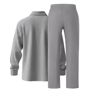 Herren Leinen-Polo-Langarmshirt und Hose Set in Grau für Strand und Freizeit Rückansicht
