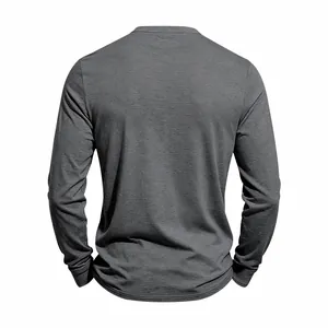 Detailed back view of a charcoal grey men's long-sleeved shirt with a relaxed casual fit