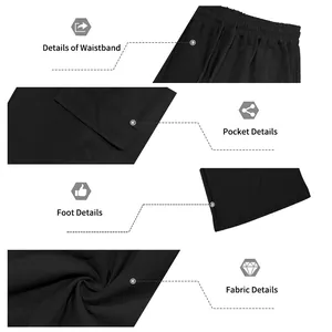 Detail view of men's black linen cargo pants showing waistband, pocket, and fabric texture