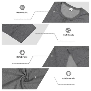 Detailed macro views of the collar, cuffs, hem and fabric texture of grey long sleeve Henley shirt