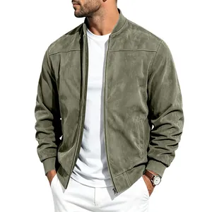 Close-up detail of the green suede bomber jacket for men with a classic baseball collar.