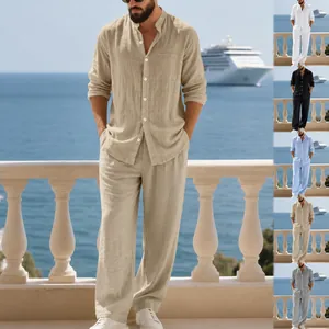 Conjunto de Mezcla de Algodón y Lino para Hombre Camisa de Manga Larga con Cuello Alto Pantalón Recto Top And Bottom