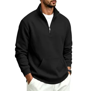 Detail view of men's black half-zip fleece sweatshirt with a stylish stand collar