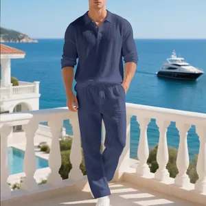 Navy blue men's linen long sleeve Polo shirt and matching trousers casual beach set