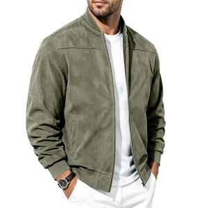Blouson aviateur en daim vert olive pour hommes avec un col baseball classique élégant