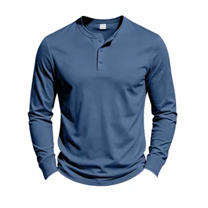 Men's blue long-sleeved Henley shirt made of soft knitted cotton fabric with three buttons