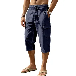 Men's casual summer linen cargo cropped pants with loose fit for beach wear