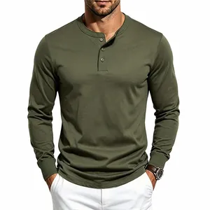 Close-up detail of a military green men's long sleeve knit Henley shirt with buttons