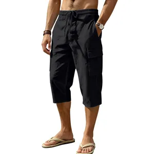 Men's black linen cargo cropped pants in loose casual fit for summer beach wear.
