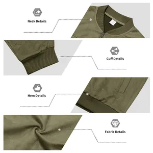 Détails de la veste bomber en daim vert olive avec col, poignets et finitions de l'ourlet