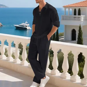Classic men's black linen casual two-piece Polo set featuring long sleeves and relaxed pants