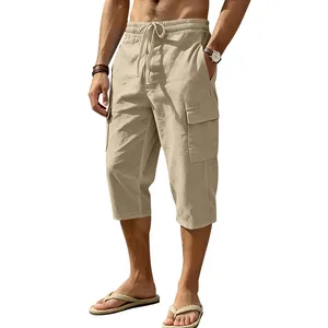 Men's summer linen cargo 3/4 pants in khaki with drawstring waist and pockets.