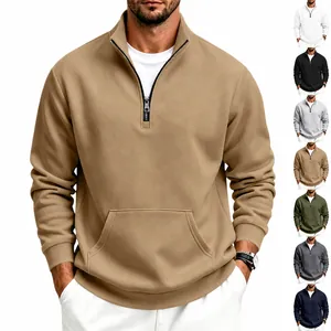 Men's Casual Half-Zip Stand Collar Fleece Sweatshirt Long Sleeve Solid Color Pullover Top With Kangaroo Pocket For Autumn Winter