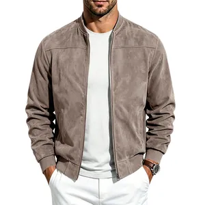 Veste aviateur classique en daim pour homme avec fermeture éclair en coloris kaki.
