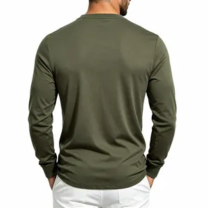 Detailed back view of a men's olive green long-sleeved Henley shirt with soft knit texture.