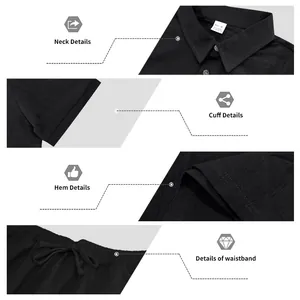 Detailansichten des Herren Leinen-Polo-Sets mit Kragen, Manschette, Saum und Bund.