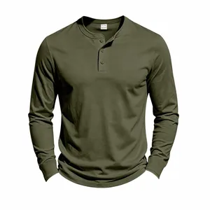 Detailed close-up view of olive green long sleeve Henley shirt with three-button placket