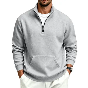 Men's light gray half-zip fleece sweatshirt with stand collar and front pocket casual style