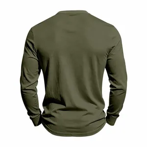 Back view of a men's olive green long-sleeved Henley shirt featuring a clean knitted finish