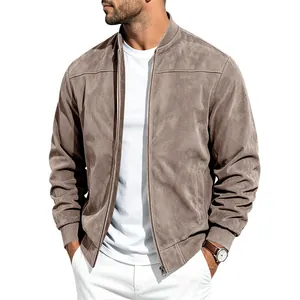 Detailed shot of men's taupe suede bomber jacket with front zipper and ribbed cuffs