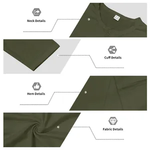 Detailed views of neck, cuff, hem, and fabric texture of green Henley shirt.