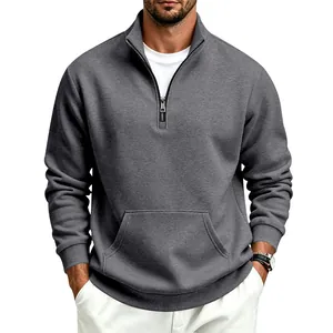 Men's grey half-zip pullover sweatshirt with stand-up collar and kangaroo pocket