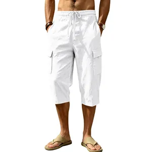 Witte linnen cargo capribroek voor heren met trekkoord voor strand en casual zomerkleding