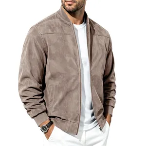Vue de face d'un blouson aviateur en daim marron pour homme avec bords-côtes.