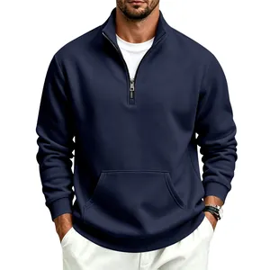 Men's classic navy blue quarter-zip fleece sweatshirt with stand collar and pocket.