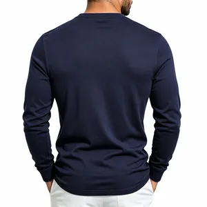 Back view of a men's navy blue long-sleeved knit shirt showing fit and fabric texture