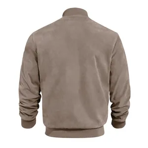 Detailed back view of a men's khaki suede bomber jacket featuring ribbed collar and hem.